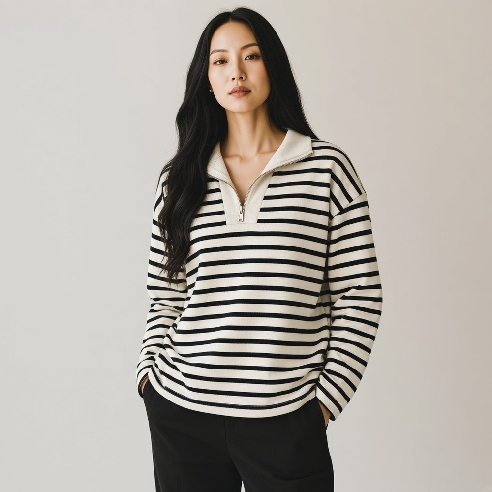 Zara Quarter Zip Sweatshirt L Cream Black Striped Pullover Parisian Minimalist